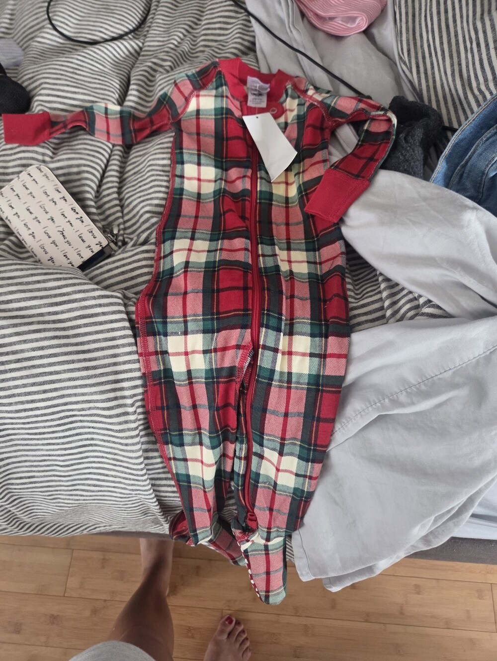 Hanna Andersson Red Green Plaid Zipper Footie- 12-18 Months